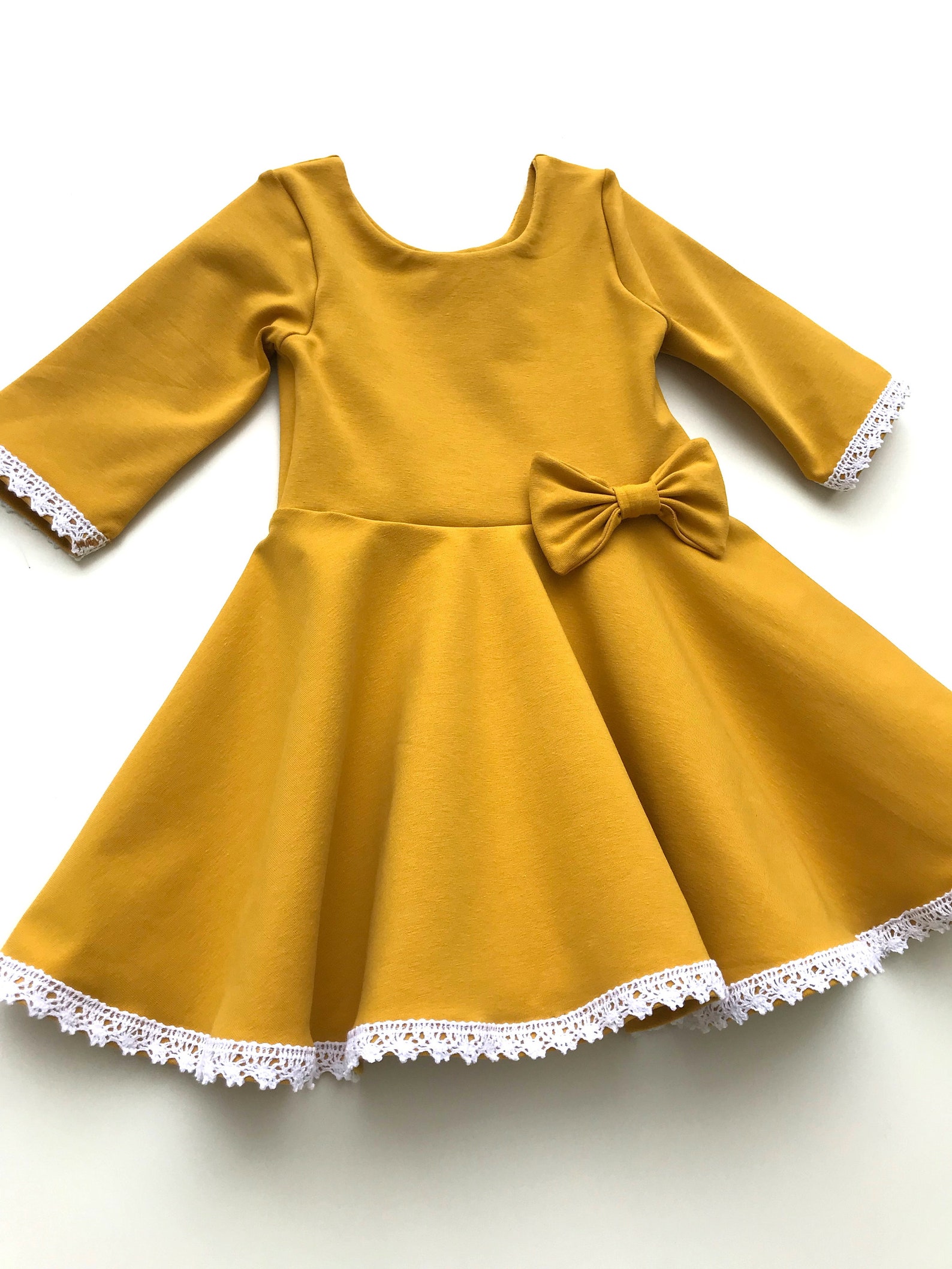 Girls Mustard Twirl Dress with lace Fall Dress Baby Girl | Etsy