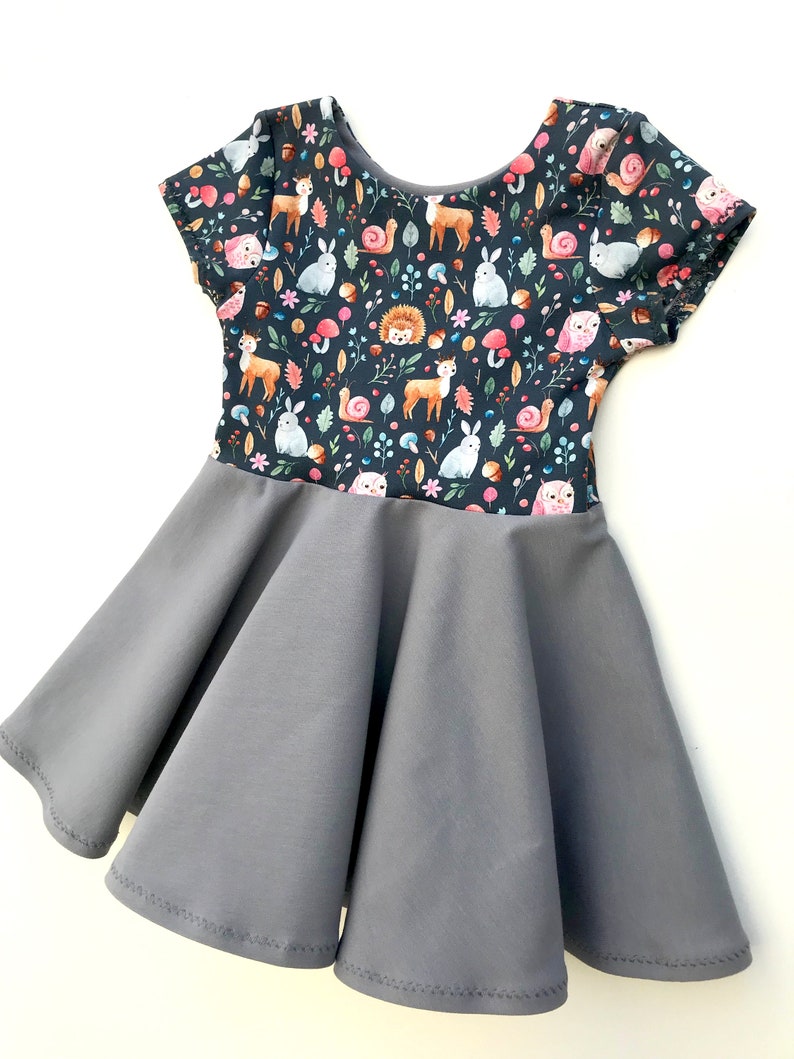 Girls Zoo Dress Birthday Bunny Deer Hedgehog Baby Dress Toddler Girl Twirl Dress Woodland Dress Forest Fall Twirl Dress