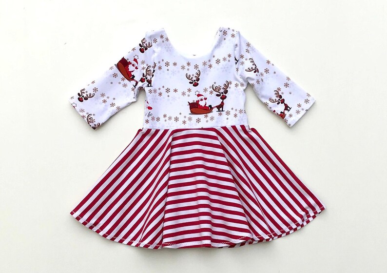 Christmas Twirl Dress Rudolph Reindeer Dress Red White Stripe Dress