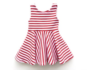 Red White Striped Twirl Dress, Stripe Girls Dress - Baby Twirly Dress - Toddler Summer Dress - Valentines Day Dress