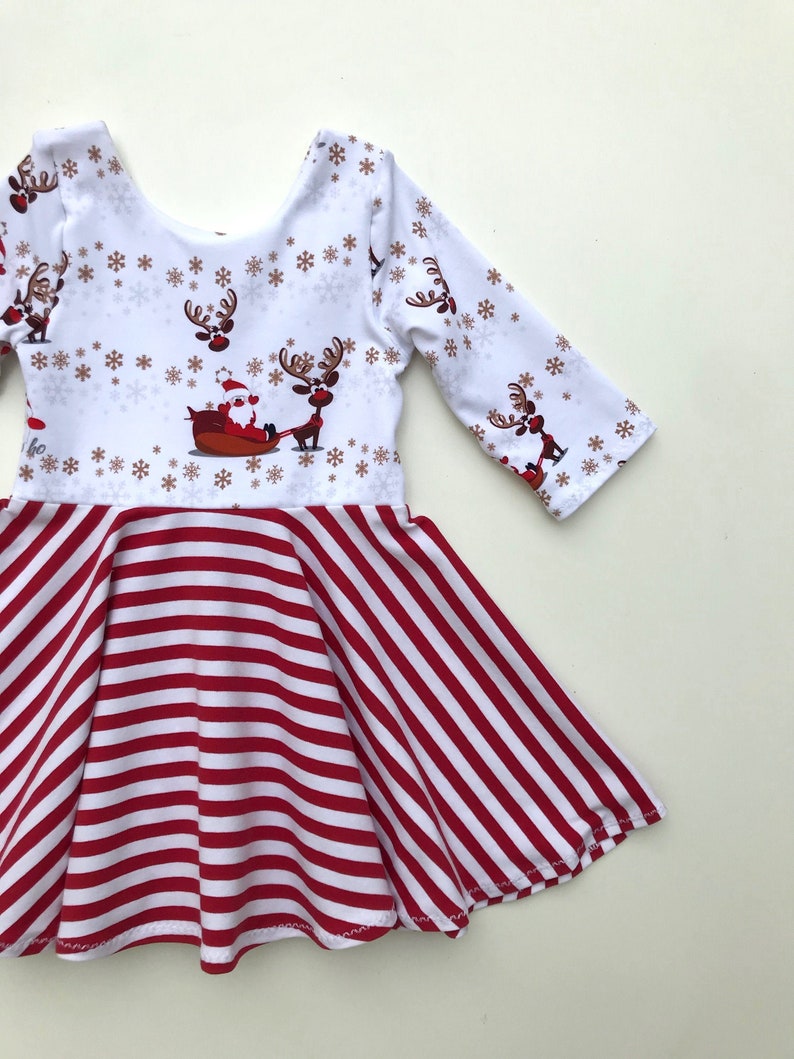 Christmas Twirl Dress Rudolph Reindeer Dress Red White Stripe Dress