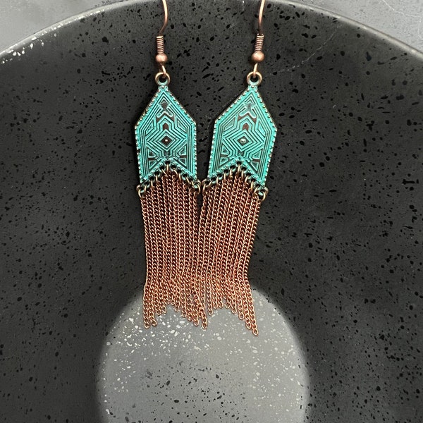 BOHO URBAN CHIC mixed metal earrings copper findings faceted Patina Copper Earrings, Tribal Style, Teal and Turquoise Dangle Earrings