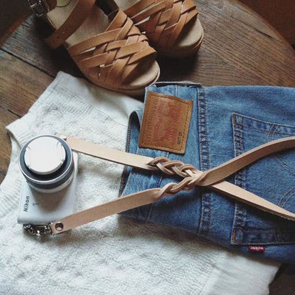 Leather camera strap, customized with your initials. Made in France.