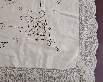 Cream linen bed cover with cutwork and needlelace inserts
