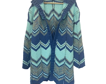 Blue Hooded Knit Cardigan, Multicolor Cotton Blend, Boho Sweater
