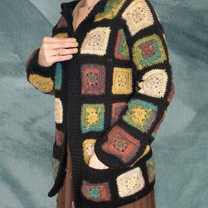 Patchwork Style Crochet Cardigan, Woman Autumn Colors and Black Sweater, Granny Square Boho Cardi, Multicolor Unique Jacket