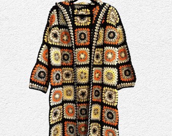 Cárdigan con capucha de ganchillo patchwork, chaqueta boho estilo abuela con cuadros