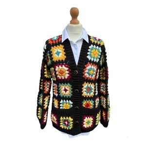 Pachwork Style Crochet Cardigan, Ladies Boho Crochet Cardigan, Women’s Knitted Black Jacket, Multivolors Cardigan, Soft and Chunky Cardigan