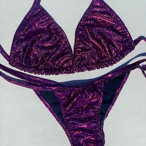 New posing practice suit competition Bikini holographic fuchsia adjustable tie bottoms