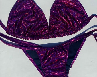 New posing practice suit competition Bikini holographic fuchsia adjustable tie bottoms