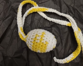 Hanging Tether Egg Ferret Jingle Bell Single Toy Tightly Crocheted with Double Yellow White Tails Cotton Yarn for Cats Too