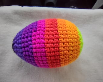 LARGE Crocheted Neon Stripes Shaky Rattle 6 Inch Size Flat Bottom Egg Ferret or Pet Cat Toy #13