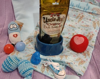 Gift Set Pet Ferret Sleepsack Hammock Blue and White Otter Cage Bedding Blanket Bowl & Soup Set of 8 Stash Rattle Plush and Plastic Toys #18