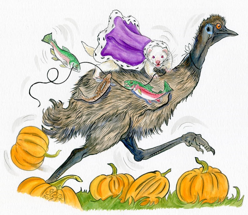 Puede incluir: Un em&uacute; marr&oacute;n con un hur&oacute;n vestido de morado montando en su espalda, corriendo por un campo de calabazas naranjas. El hur&oacute;n sostiene una ca&ntilde;a de pescar con un pez verde y rojo.