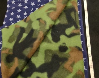 Super soft cotton and fleece ferret-sized "Baby" Blanket with Blue White Stars Green Camo Fleece Reverse 18"x18"