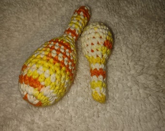 Turkey Legs Super Cute Set of Two Tightly Crocheted Drumstick Ferret Pet Toy with Rattle Yellow Orange Bright