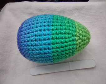 LARGE Crocheted Dark/Lt Blue Lime Green Striped Shaky Rattle 6 Inch Size Flat Bottom Egg Ferret or Pet Cat Toy #10