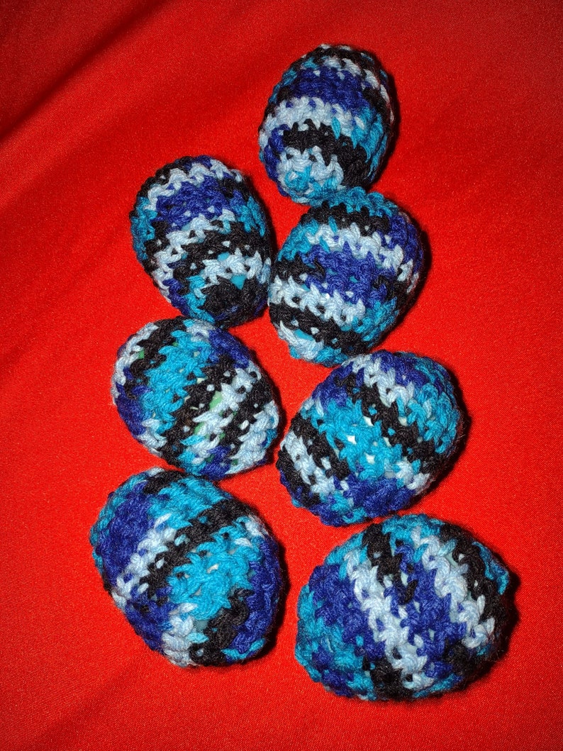 11 Piece Variegated Blue Black Colors Crochet Shaky/Rattle/Stash Train Ferret or Pet Toys Eggs Play Bulk Set02 image 8