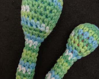 Turkey Legs Super Cute Set of Two Tightly Crocheted Drumstick Ferret Pet Toy with Rattle Green Teal Blue