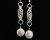 Sterling Silver Earrings, Freshwater Cultured Coin Pearls, Harvest Moon Chain Maille, Drop Earrings