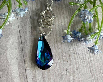 Bermuda Blue Swarovski Crystal Pendant Drop | Sterling Silver Chainmaille Weave | 20” Heavy Curb Chain | Triple Goddess