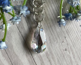 Moonlight Swarovski Crystal Pendant Drop | Sterling Silver Chainmaille Weave | 20” Heavy Curb Chain | Triple Goddess