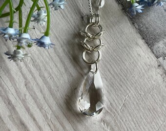 Crystal Clear Swarovski Crystal Pendant Drop | Sterling Silver Chainmaille Weave | 20” Heavy Curb Chain | Triple Goddess