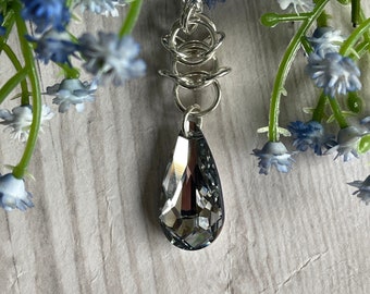 Crystal Comet Argent Light Swarovski Crystal Pendant Drop | Sterling Silver Chainmaille Weave | 20” Heavy Curb Chain | Triple Goddess