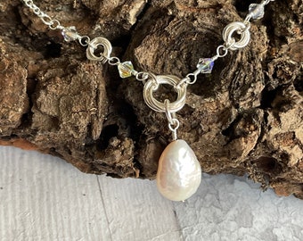 White Keishi Pearl | Swarovski Crystal | Sterling Silver Chain Maille Necklace | Bridal necklace