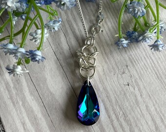 Heliotrope Swarovski Crystal Pendant Drop | Sterling Silver Chainmaille Weave | 20” Heavy Curb Chain | Triple Goddess