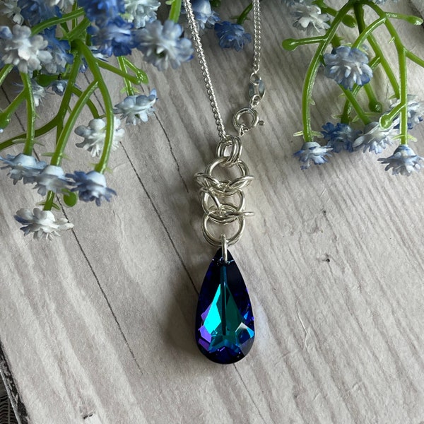 Heliotrope Swarovski Crystal Pendant Drop | Sterling Silver Chainmaille Weave | 20” Heavy Curb Chain | Triple Goddess