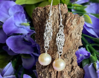 Freshwater Cultured Pearl Earrings | 30th Wedding Anniversary | June Birthstone | Sterling Silver Chainmaille Weave