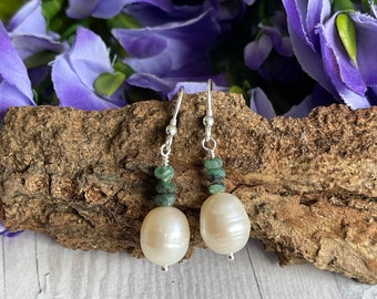 Emerald & White Freshwater Cultured Pearls | Sterling Silver Drop Earrings | 30th Wedding Anniversary Gift | Precious Pearls