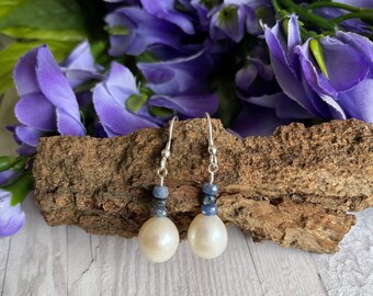 Sapphire & White Freshwater Cultured Pearls | Sterling Silver Drop Earrings | 30th Wedding Anniversary Gift | June birthday