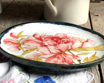 Peony flowers plate, handpainted plate, personalized dish, decor plate, birthday plate, handmade ceramic plate, flower plate