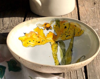 Yellow iris bowl, bowl hand painted, handpainted bowl, salad bowl, hand painted pottery, deep bowl, pottery bowl, yellow bowl