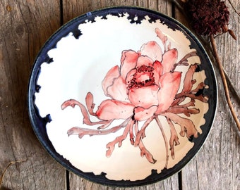 Handpainted peony black bowl, ramen bowl, cute ramen bowl, cereal bowl, salad bowl, bowl porcelain