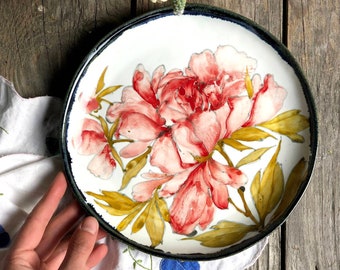 Porcelain peony plate, pie plate, biosafe dinner plate, pasta bowl, fruit plate, handmade pottery gift, handpainted plate