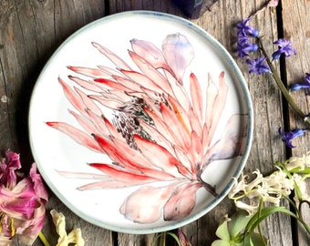 Protea flat plate, hand painted plate, protea tableware, handpainted plate, decor plate, biosafe dinner plate