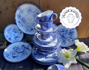 Peony ceramic wedding set, flower plate and mug set, dinnerware set, porcelain dish, handmade pottery, handpainted bowl,