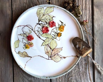 Raspberry porcelain plate, dumpling plate, pasta plate, decor plate, pottery plate, dinnerware set, handpainted plate