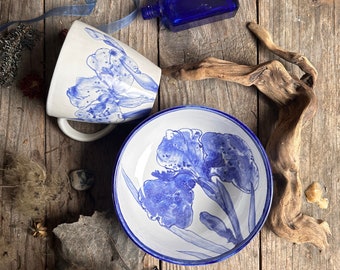 Blue Iris dishes set, blue tea mug, ramen bowl, flower mug, fruit bowl, serving bowl, kitchen decor, decorative bowl