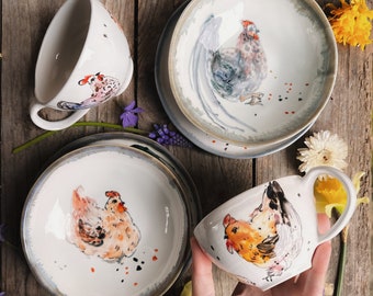 Chicken-painted tea set, porcelain tea cup and saucer, ceramic coffee cup, custom cup, farmhouse décor, rooster décor