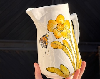 Narcissus hand painted ceramic jug, botanical art, milk pitcher, floral pitcher, handmade pottery, mother's day gift