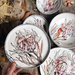 Wedding porcelain white flower serving set, handpainted decor protea flower plates, personalized painted porcelain, plate