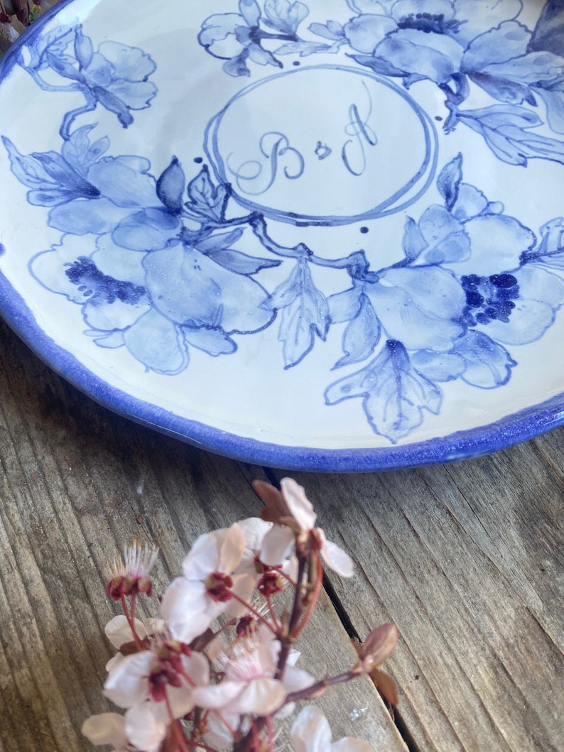 Blue peony handpainted porcelain plate, housewarming gift, peony handmade pottery, decorative plate, gifts for women, wedding names plate image 10