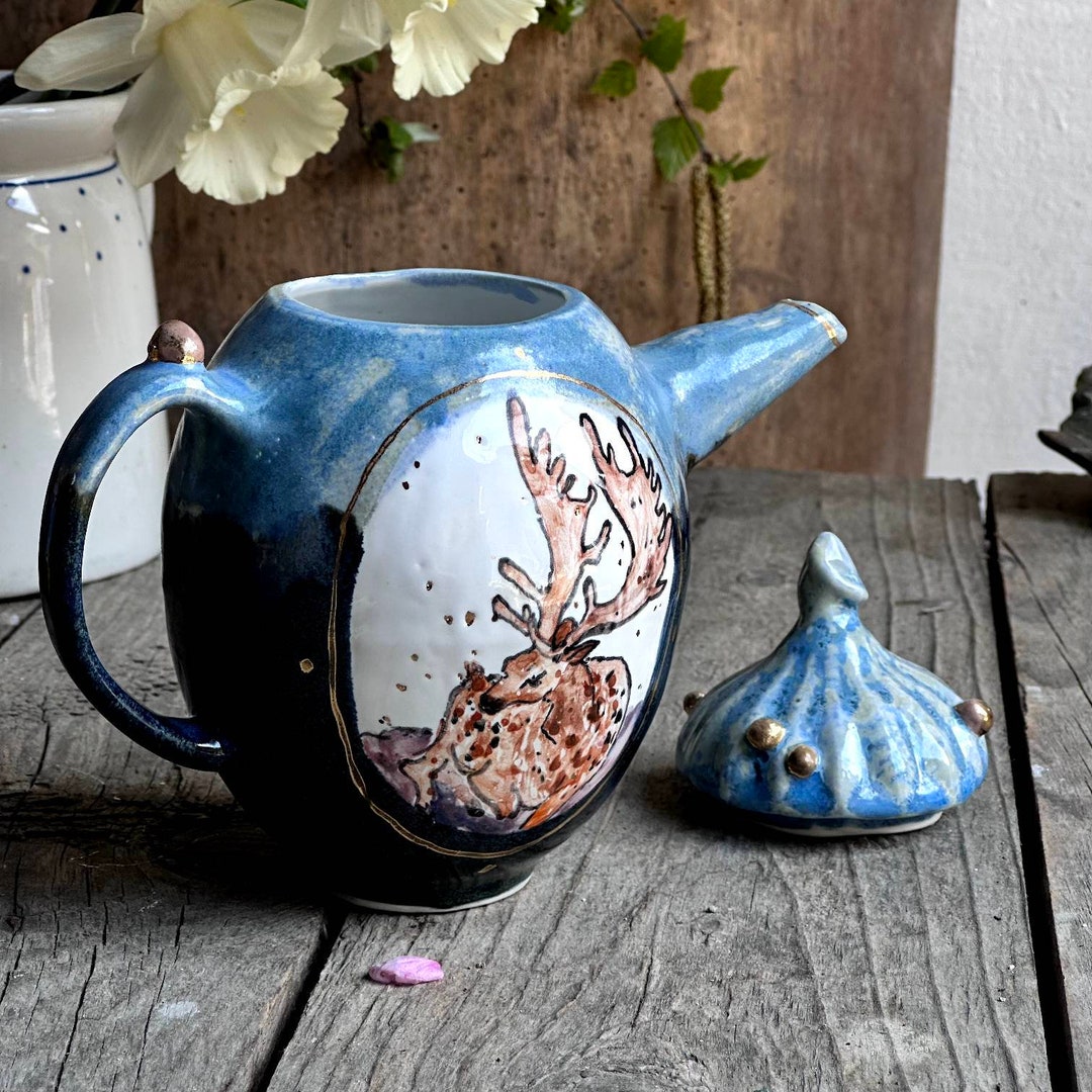 Handmade Pottery Teapot Deer and Winter Forest Golden Painting Tea Pot