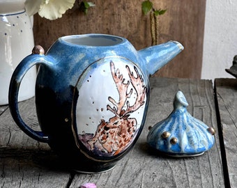 Handmade pottery teapot deer and winter forest golden painting tea pot winter forest  art porcelain tea pot, tea set