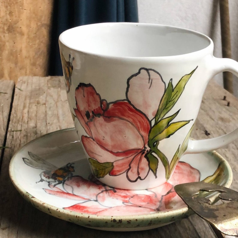 Mother day gift Porcelain Mug and Saucer Coffee Peonies set, majolica porcelain cup and handmade saucer hand painted, with peony flower image 4
