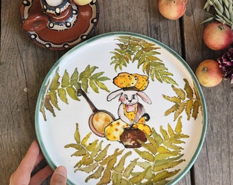 Child ceramic fern plate, rabbit decorative plate, handpainted plate, fruit bowl, flower plate set, personalized plate, botanical plate